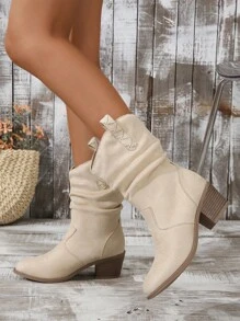 Fall/Winter 1 Pair Slip-On Thick Heel Round Toe Elegant All-Match Fashion Western Cowboy Boots, Embroidered Asymmetrical Ruched Low Heel Booties For Women