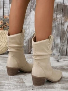 Fall/Winter 1 Pair Slip-On Thick Heel Round Toe Elegant All-Match Fashion Western Cowboy Boots, Embroidered Asymmetrical Ruched Low Heel Booties For Women