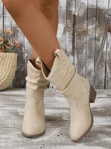 Fall/Winter 1 Pair Slip-On Thick Heel Round Toe Elegant All-Match Fashion Western Cowboy Boots, Embroidered Asymmetrical Ruched Low Heel Booties For Women