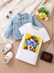 Đứa bé gái Đồ họa Hình Váy áo thun & Chất rắn Tops Denim - Xanh và trắng - Xem 1