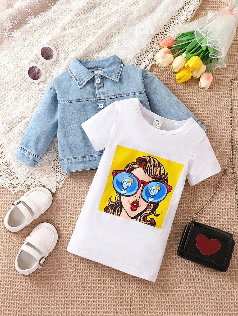 Đứa bé gái Đồ họa Hình Váy áo thun & Chất rắn Tops Denim - Xanh và trắng - Xem 1