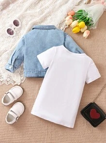 Đứa bé gái Đồ họa Hình Váy áo thun & Chất rắn Tops Denim - Xanh và trắng - Xem 2