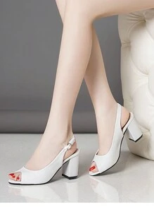 女式白色簡約優雅時尚蛇紋粗跟一腳蹬涼鞋 - 白色 - 查看 3