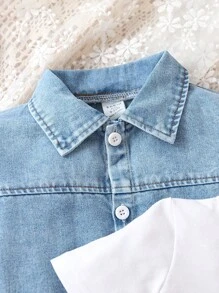 Đứa bé gái Đồ họa Hình Váy áo thun & Chất rắn Tops Denim - Xanh và trắng - Xem 3