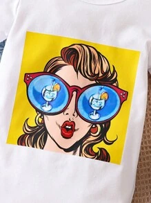 Đứa bé gái Đồ họa Hình Váy áo thun & Chất rắn Tops Denim - Xanh và trắng - Xem 4