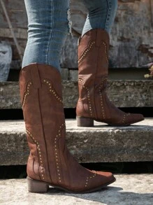女性鑲嵌裝飾西式靴，時尚戶外棕色靴，女性牛仔靴 - 棕色 - 查看 1