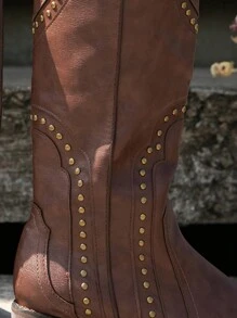 女性鑲嵌裝飾西式靴，時尚戶外棕色靴，女性牛仔靴 - 棕色 - 查看 5