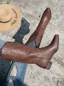 女性鑲嵌裝飾西式靴，時尚戶外棕色靴，女性牛仔靴 - 棕色 - 查看 6