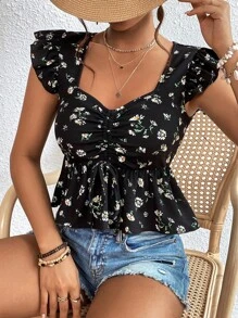 SHEIN VCAY 印花荷葉邊前抽繩荷葉邊下擺襯衫 - 彩色 - 查看 1