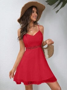 SHEIN VCAY 水溶蕾絲拼接吊帶連衣裙 - 紅色 - 查看 4