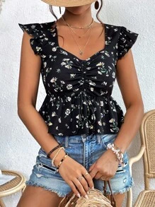 SHEIN VCAY 印花荷葉邊前抽繩荷葉邊下擺襯衫 - 彩色 - 查看 3