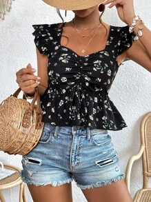 SHEIN VCAY 印花荷葉邊前抽繩荷葉邊下擺襯衫 - 彩色 - 查看 6