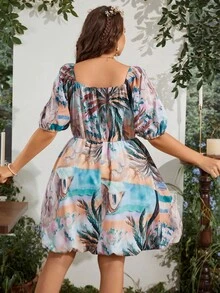 SHEIN Holidaya Plus Tropical Print Twist Front Puff Sleeve Dress - Multicolor - View 2