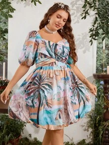 SHEIN Holidaya Plus Tropical Print Twist Front Puff Sleeve Dress - Multicolor - View 7