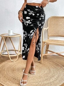 SHEIN VCAY Váy nữ Dây kéo Xù Tách cao Hoa Tất cả trên in Boho - Đen và trắng - Xem 1