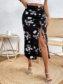 SHEIN VCAY Váy nữ Dây kéo Xù Tách cao Hoa Tất cả trên in Boho - Đen và trắng - Xem 4