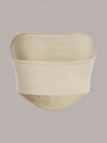 SHEIN EZwear áo nữ kích thước lớn Bất đối xứng Đắp vá Gân đan Lá thư Giải trí - Màu be - Xem 2