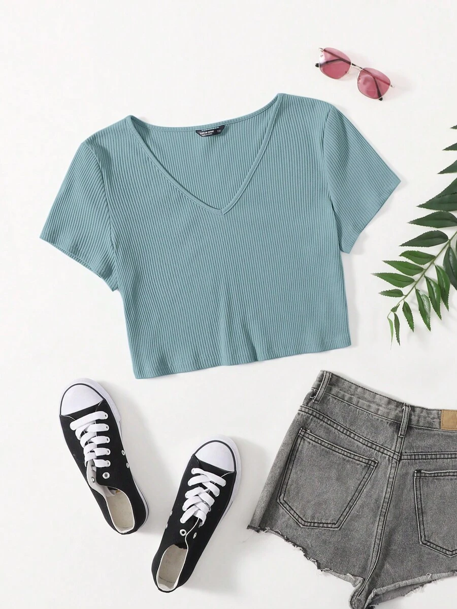 SHEIN EZwear Áo thun Plus size Gân đan màu trơn Giải trí - Màu xanh Cadet - Xem 1