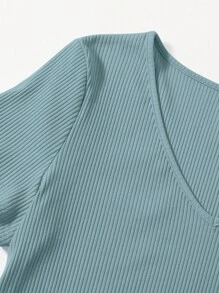 SHEIN EZwear Áo thun Plus size Gân đan màu trơn Giải trí - Màu xanh Cadet - Xem 5