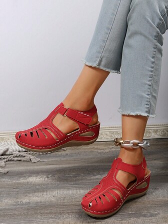 時尚、輕便、舒適、紅色、休閒風格、百搭、沙灘、戶外、女式厚底楔形鞋