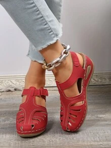 时尚、轻便、舒适、红色、休闲风格、魔术贴、百搭、沙滩、户外、女士厚底坡跟凉鞋 - 紅色 - 查看 2