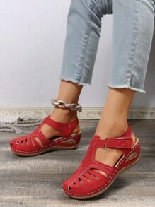 时尚、轻便、舒适、红色、休闲风格、魔术贴、百搭、沙滩、户外、女士厚底坡跟凉鞋 - 紅色 - 查看 3