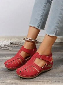 时尚、轻便、舒适、红色、休闲风格、魔术贴、百搭、沙滩、户外、女士厚底坡跟凉鞋 - 紅色 - 查看 5