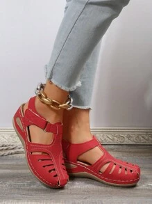 时尚、轻便、舒适、红色、休闲风格、魔术贴、百搭、沙滩、户外、女士厚底坡跟凉鞋 - 紅色 - 查看 6