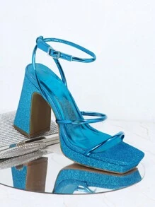 Long lanh Chóp giầy hình vuông Dây đeo mắt cá chân Giày cao gót - Màu xanh lam - Xem 2