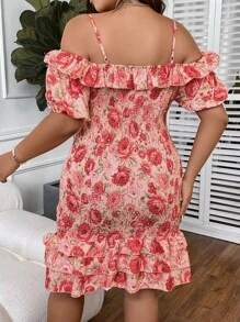 Celure Plus Floral Print Cold Shoulder Ruffle Hem Dress - Multicolor - View 2