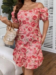 Celure Plus Floral Print Cold Shoulder Ruffle Hem Dress - Multicolor - View 3
