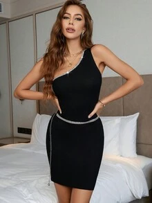 SHEIN Privé Ladies áo len váy Tương phản ràng buộc Gân đan màu trơn Gợi cảm - màu đen - Xem 5