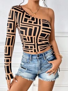SHEIN Privé Camiseta con estampado geométrico de un hombro con cordón lateral - Multicolor - Ver 4