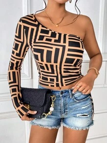 SHEIN Privé Camiseta con estampado geométrico de un hombro con cordón lateral - Multicolor - Ver 5