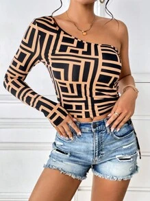 SHEIN Privé Camiseta con estampado geométrico de un hombro con cordón lateral - Multicolor - Ver 6