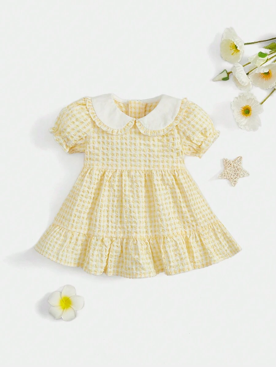 SHEIN 嬰兒嬰兒格紋印花彼得潘領泡泡袖荷葉邊洋裝