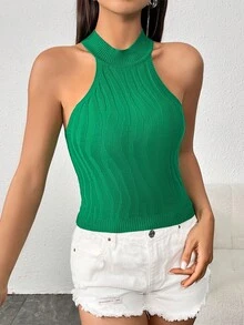 SHEIN Essnce 素色繞頸條紋針織上衣 - 綠色 - 查看 3