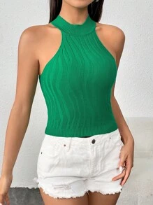 SHEIN Essnce 素色繞頸條紋針織上衣 - 綠色 - 查看 6