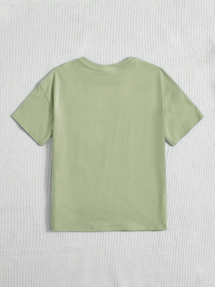 SHEIN Tween Girl Casual Printed Short Sleeve Car & Letter Pattern Drop Shoulder T-Shirt - Mint Green - View 2