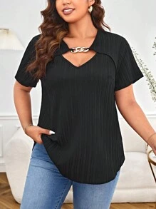 SHEIN Privé 大碼鏈條細節前鏤空襯衫 - 黑色 - 查看 3