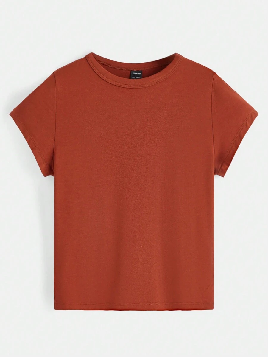 SHEIN BASICS Áo thun nữ màu trơn Giải trí - Rỉ Nâu - Xem 1