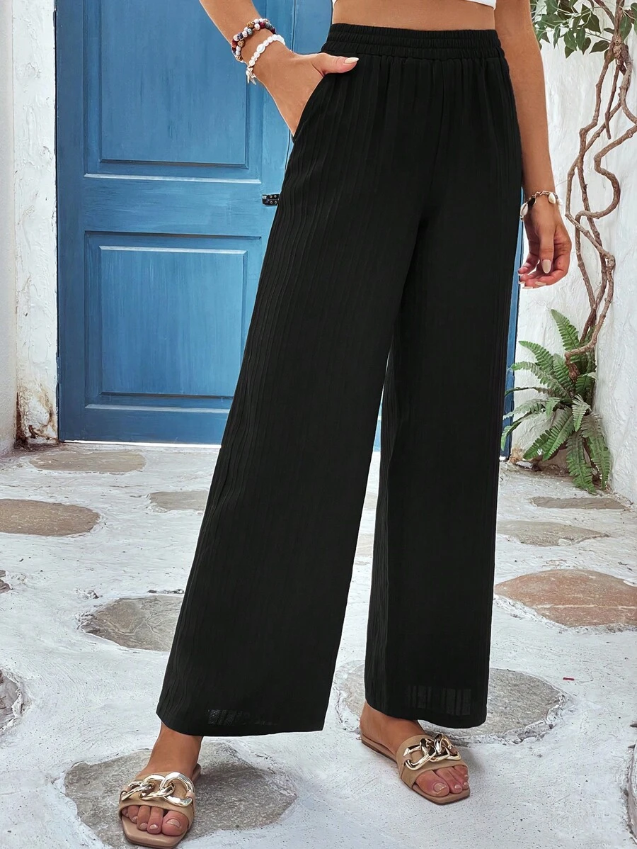 Vivid Eden 素色斜口袋闊腿褲 - 黑色 - 查看 1