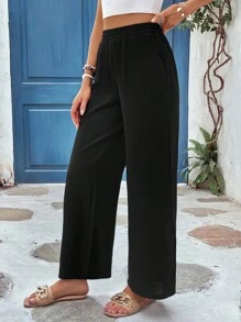 Vivid Eden 素色斜口袋闊腿褲 - 黑色 - 查看 3