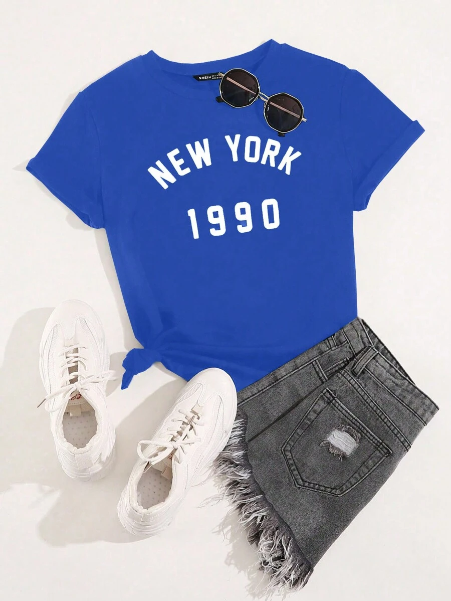 SHEIN Unity 字母圖案短袖T恤 - 藍色 - 查看 1