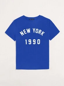 SHEIN Unity 字母圖案短袖T恤 - 藍色 - 查看 3