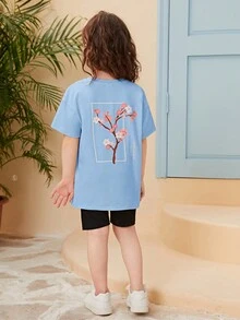 SHEIN Tops con gái lớn Hoa Lá thư Giải trí - Màu xanh nhạt - Xem 2