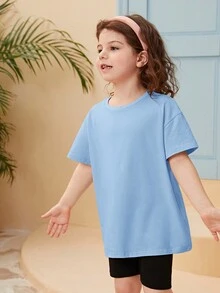SHEIN Tops con gái lớn Hoa Lá thư Giải trí - Màu xanh nhạt - Xem 3