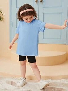 SHEIN Tops con gái lớn Hoa Lá thư Giải trí - Màu xanh nhạt - Xem 4