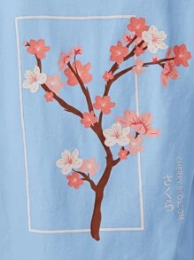 SHEIN Tops con gái lớn Hoa Lá thư Giải trí - Màu xanh nhạt - Xem 5