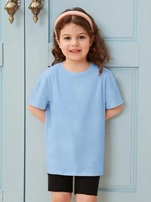 SHEIN Tops con gái lớn Hoa Lá thư Giải trí - Màu xanh nhạt - Xem 6